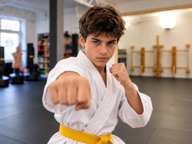 Junge mit gelbem Gürtel beim Fauststoß, Kung Fu Kids im Martial Arts Center München