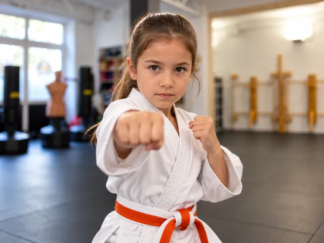 Mädchen mit orangem Gürtel beim Fauststoß, Little Tigers im Martial Arts Center München