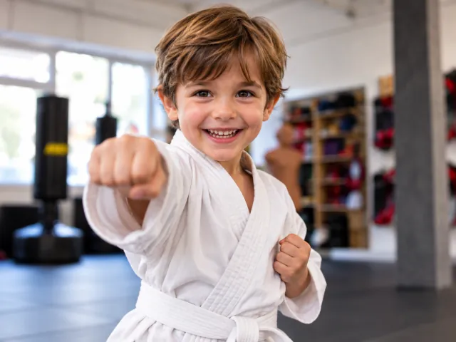 Junge im Kampfsportanzug beim Fauststoß, Tiny Tigers im Martial Arts Center München