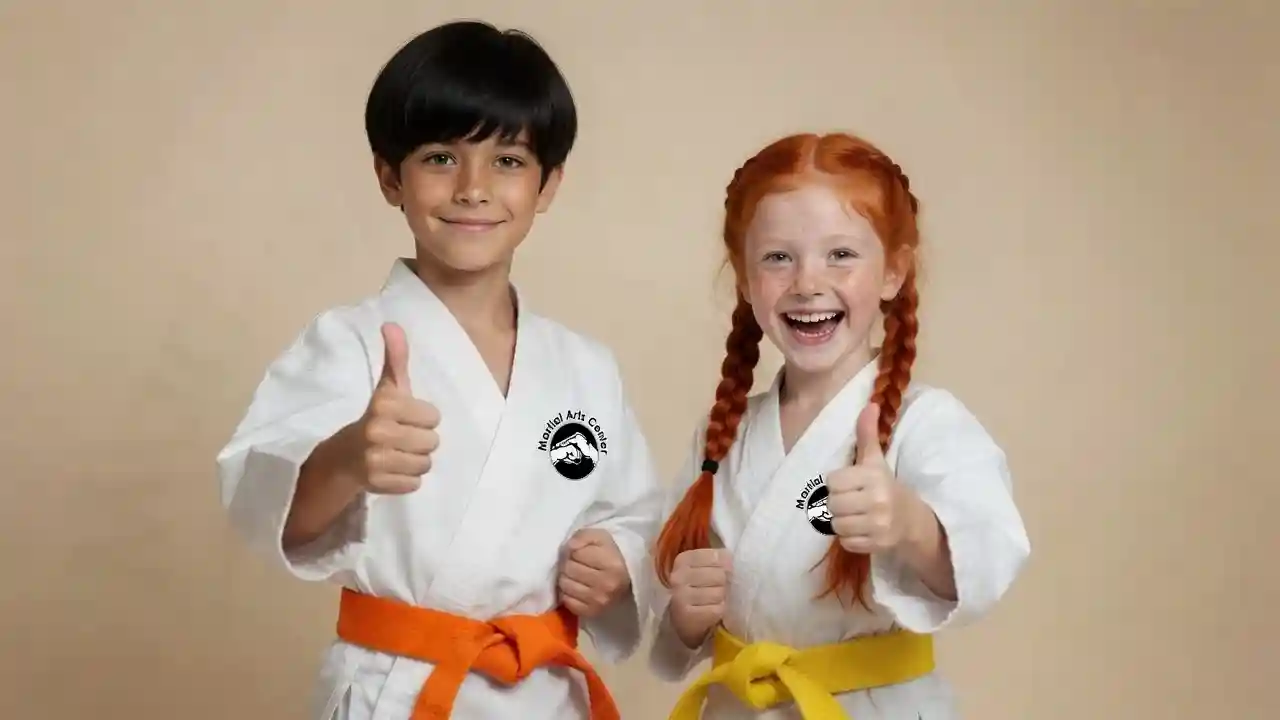 Zwei Kinder im Kung-Fu-Anzug zeigen selbstbewusst den Daumen nach oben