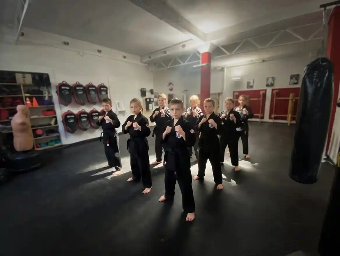 Fortgeschrittene Kung Fu Kids in Kampfstellung im Martial Arts Center München