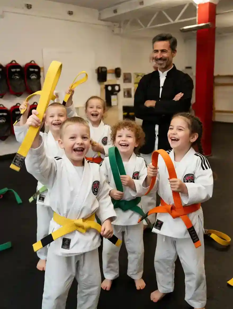 Familien Info Tag München - Kinder feiern bunte Kampfsport Gürtel