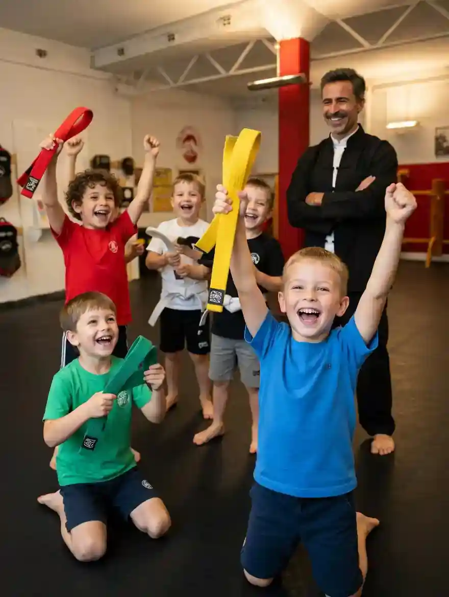 Kinder Kampfkunst München - fünf Kinder mit Kampfsport Gürteln