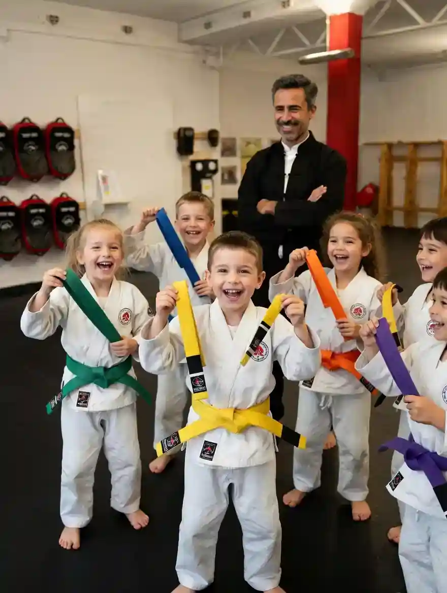 Kind mit orangem Gürtel nach bestandener Prüfung im Martial Arts Center