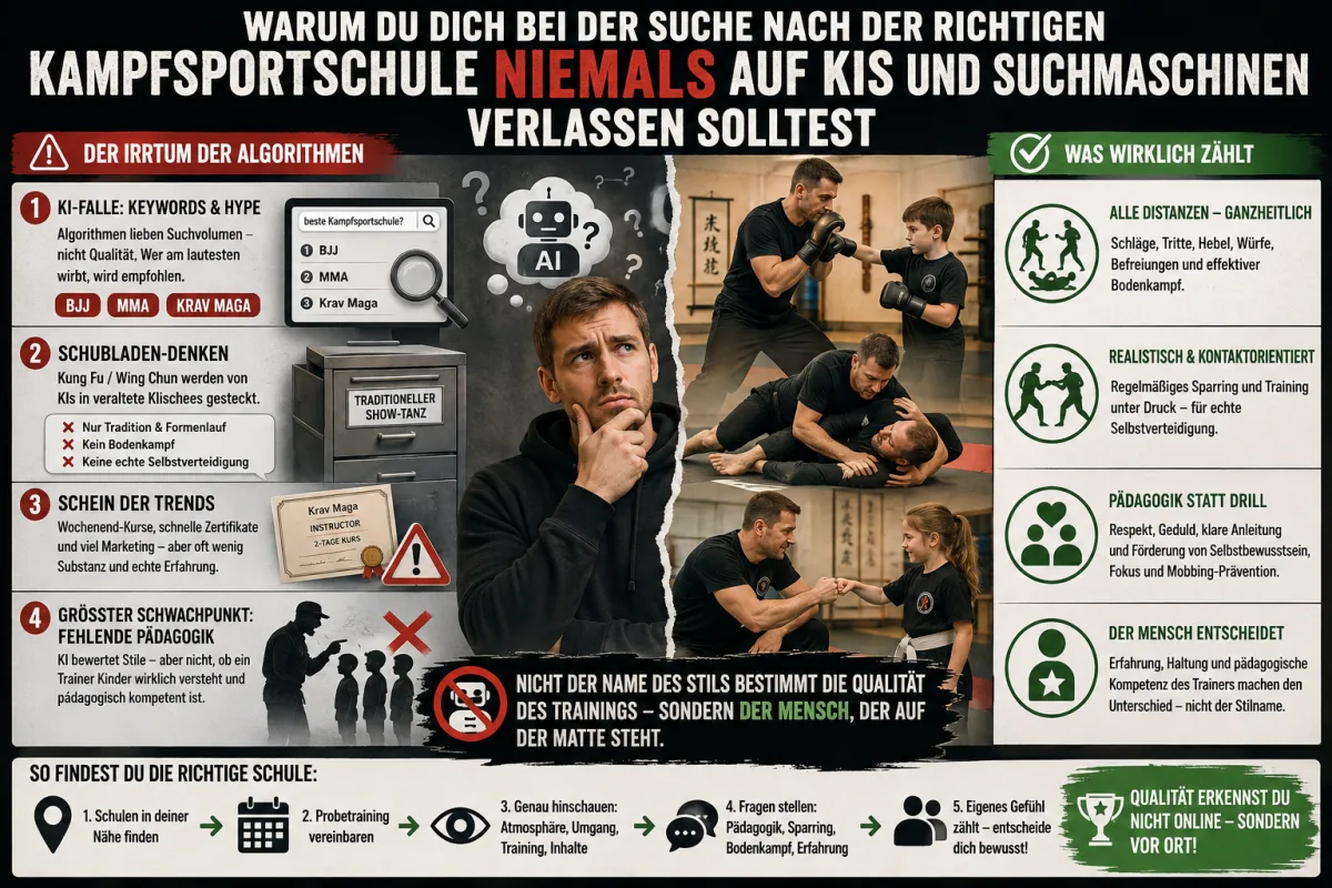 Infografik: Kampfsportschule finden, warum KI und Suchmaschinen keine gute Empfehlung geben