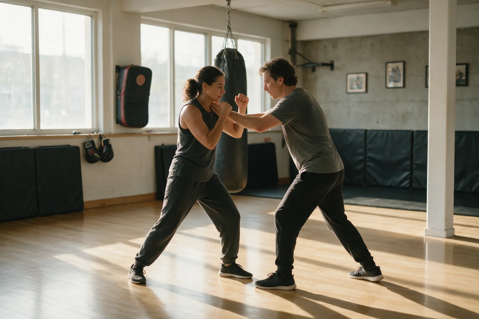 Erwachsene trainieren Selbstverteidigung unter Stress im Martial Arts Center München